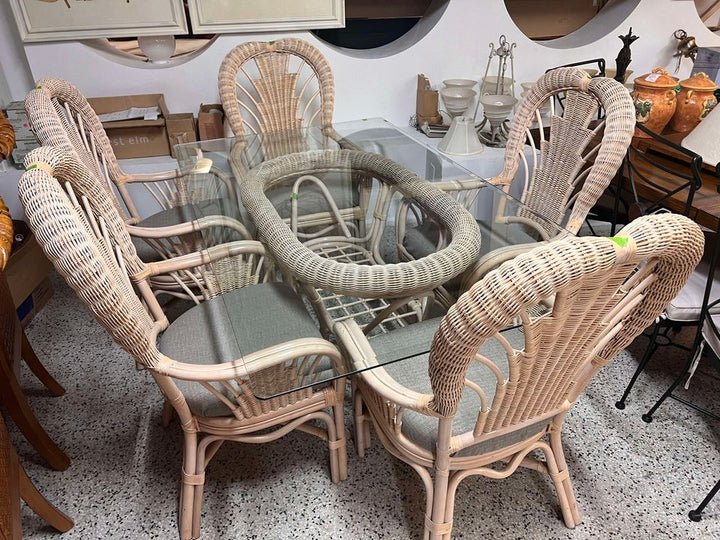 Dining Set- Glass Top 5 Wicker Chairs