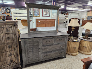 Gray wood dresser W/matching attached mirror