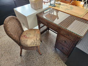 Woven wicker desk w/ glass top
