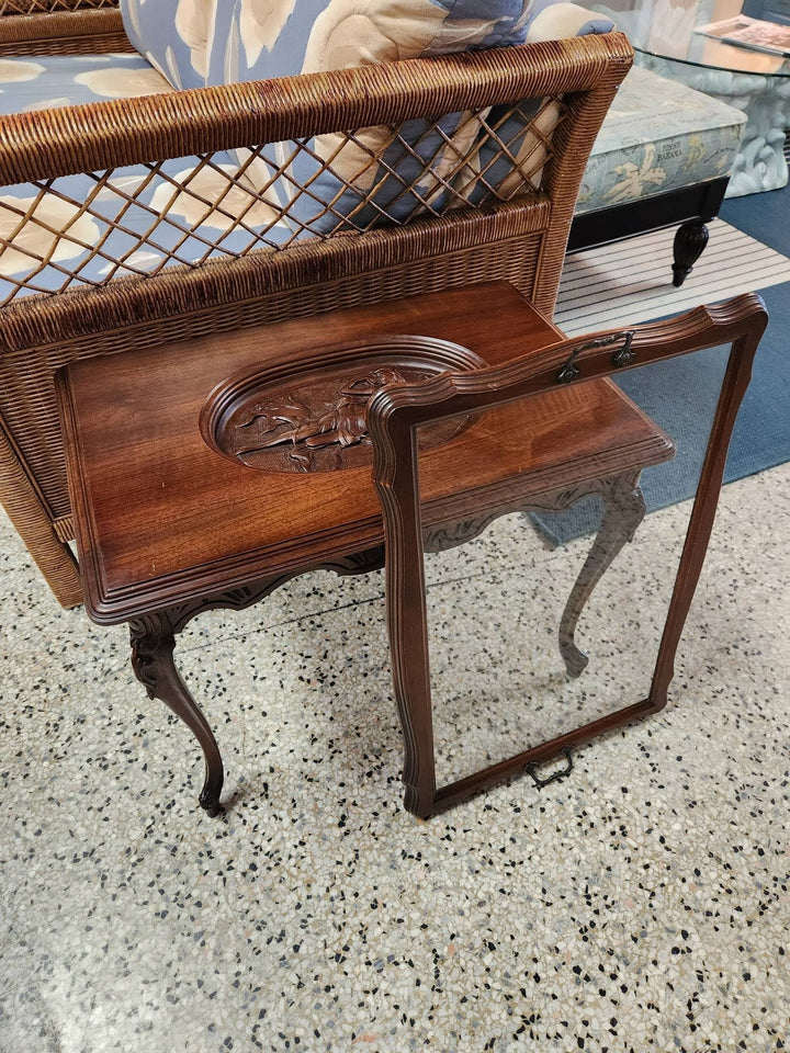 Vintage Louis XV  Walnut Side Table with Glass Tray Carved Venus