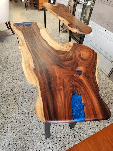 65.5" Raw Edge Freeform Wood w Blue Resin Sofa Table