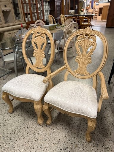 SET OF 6- Whitewash  Carved Wood Dining Chairs