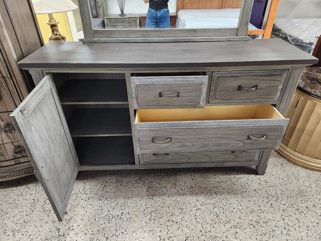 Gray wood dresser W/matching attached mirror