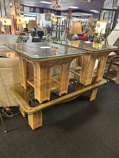 Table Set 3 Piece Vintage Wicker Glass Tops Coffee Table & End Tables