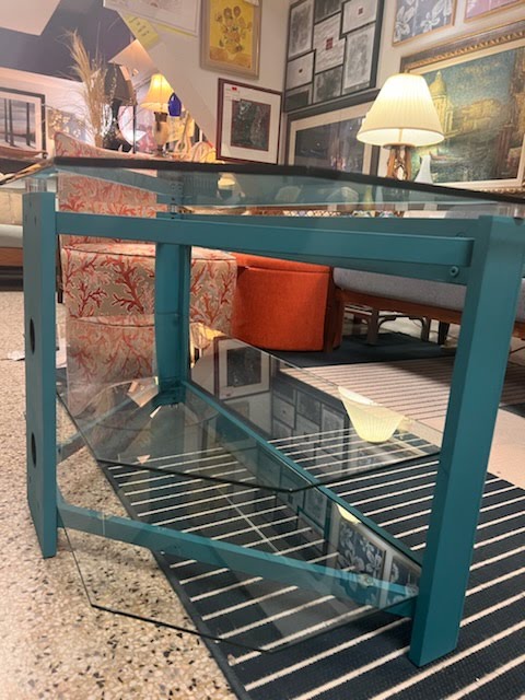 Teal Glass Shelving Console Table