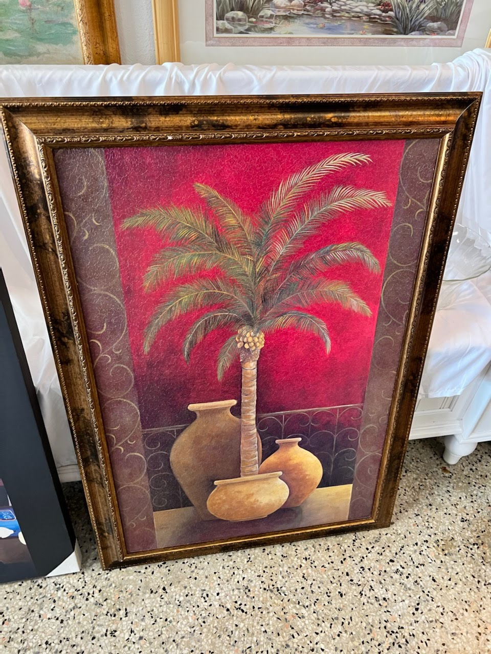 Framed wall art palm tree in yellow planters