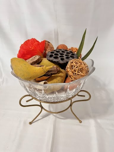 Assorted Potpourri in glass bowl w/ gold stand