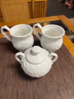 3pc White Flower Design Sugar Bowl & Cups