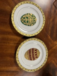Set/2 Muirfield plates with gold design & red/green Christmas eggs