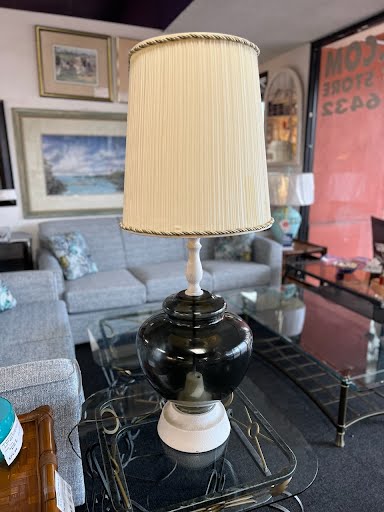Glass smoked table lamp w/ beige shade 42"H