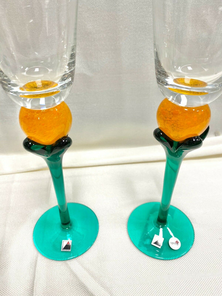 Set/2 Signed Opus Clear and Orange "Tropique" Water Goblet