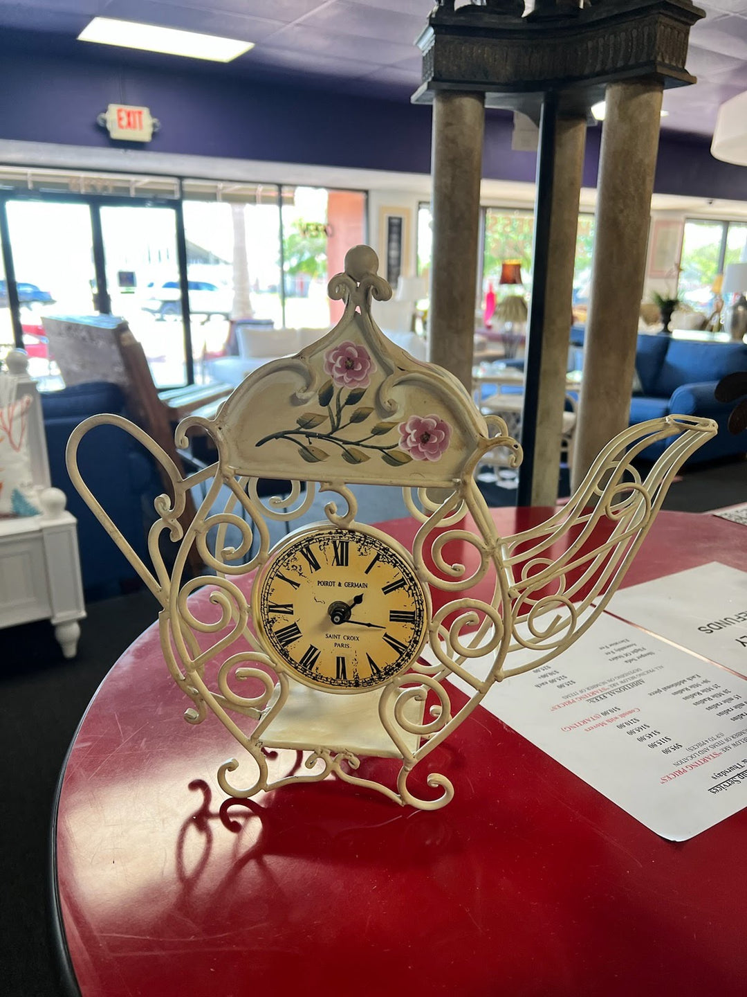 Cream metal teapot clock with pink flowers