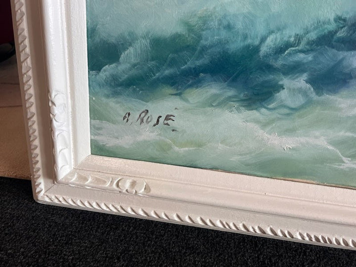 Canvas in white wood frame, ocean waves crashing