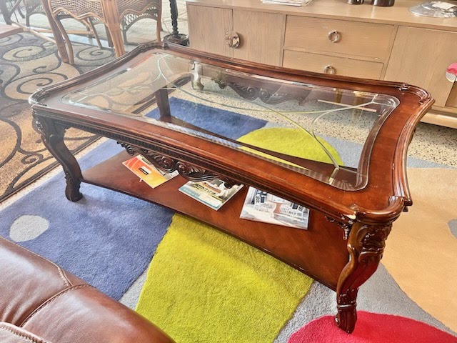 Fairmont Dark Wood Carved Coffee Table with Glass Top