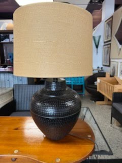 Rustic Farmhouse Hammered Table Lamp with Beige Shade