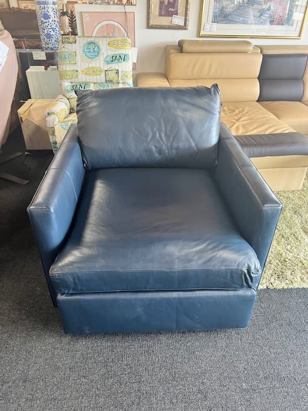 Blue Leather Crate & Barrel Chair with Ottoman