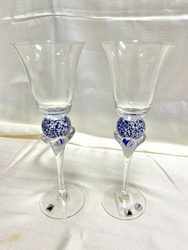 Set/2 Signed Opus Clear w/ White and Blue "Tropique" Wine Glass