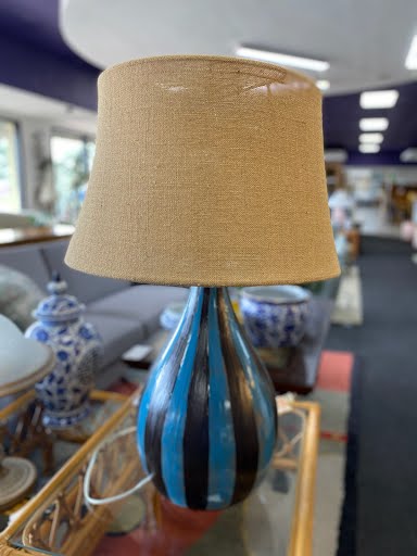 Striped blue, black lamp w/ beige shade 32"