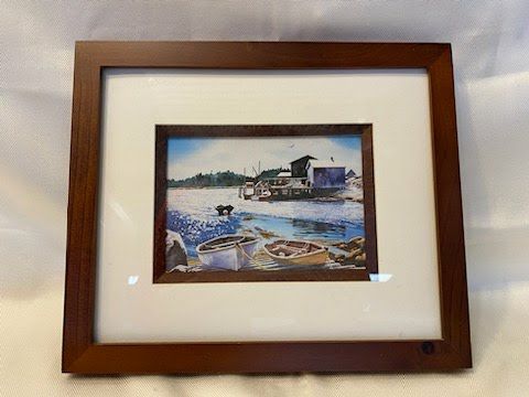 Brown wood frame wall art, 12.5" x 10.5" , boat and water scene