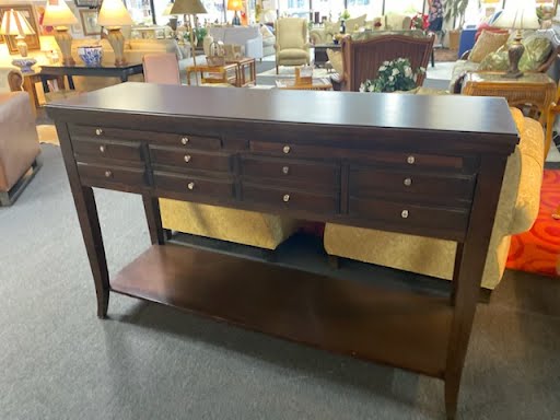 Dark wood sofa table, 3 drawer w/ pull out stone in lay trays - Broyhill