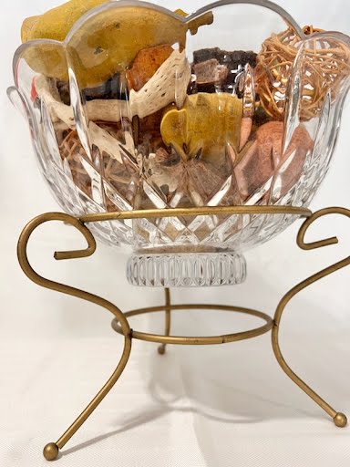 Assorted Potpourri in glass bowl w/ gold stand