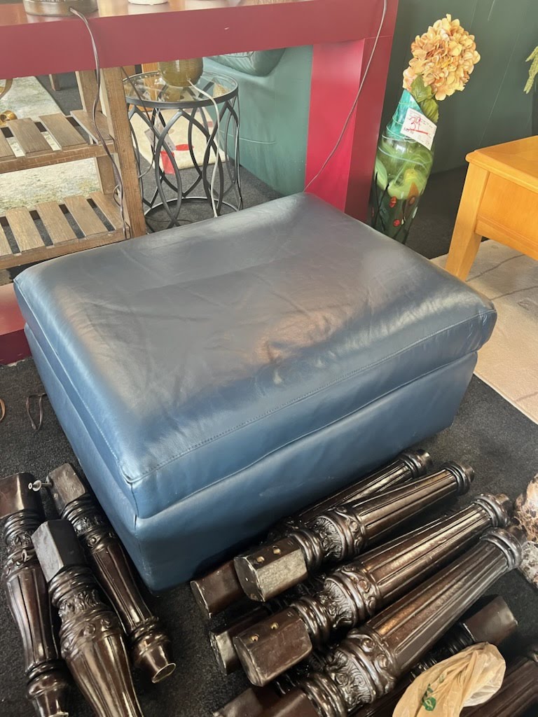 Blue Leather Crate & Barrel Chair with Ottoman
