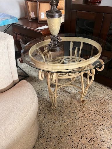 Set of 2 - Glass top, Beige Iron base end tables