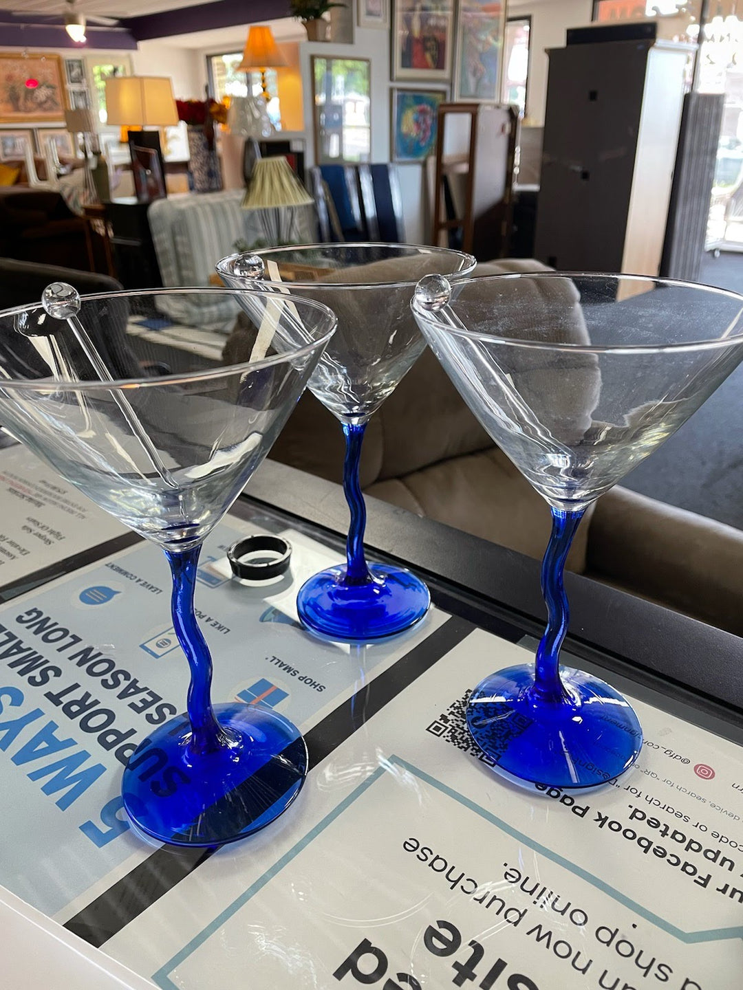 SET OF 3  Blue Martini Glassware