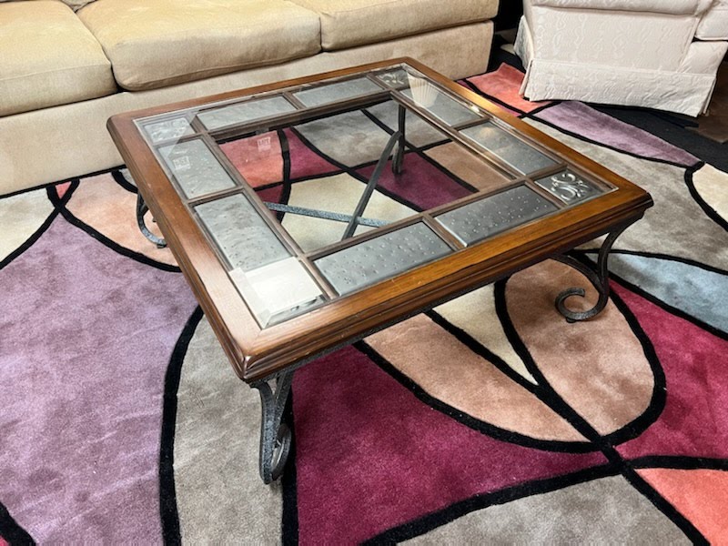 3 piece - metal/ wood/ glass top coffee table and end tables
