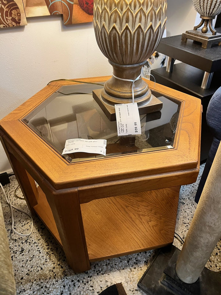 Hexagon Oak End Table with Glass Inserts