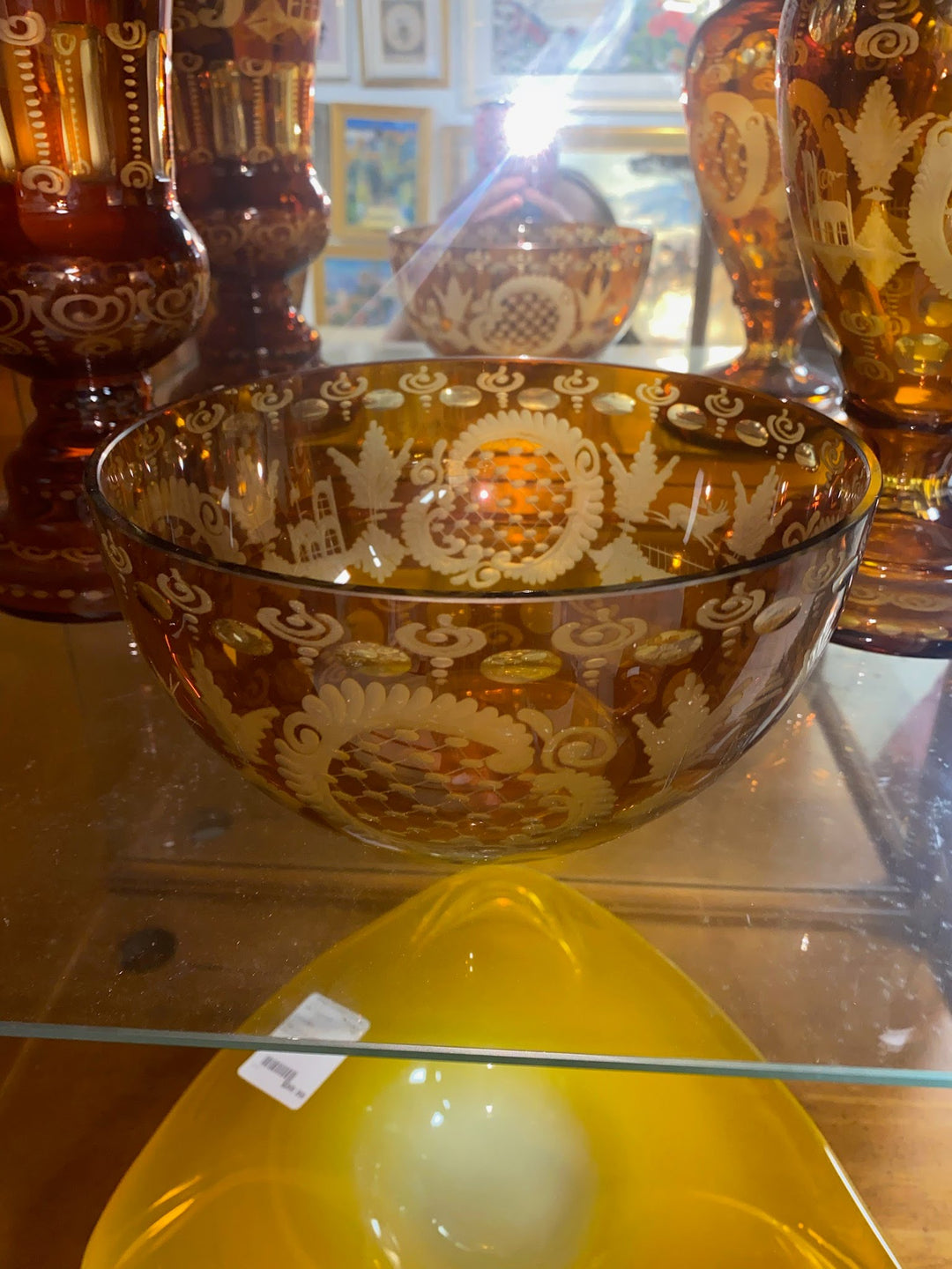 Egerman Amber etched glass bowl