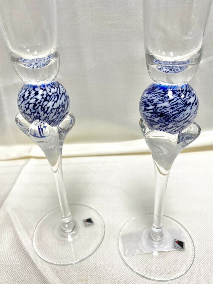 Set/2 Signed Opus Clear w/ White and Blue "Tropique" Champagne Flute
