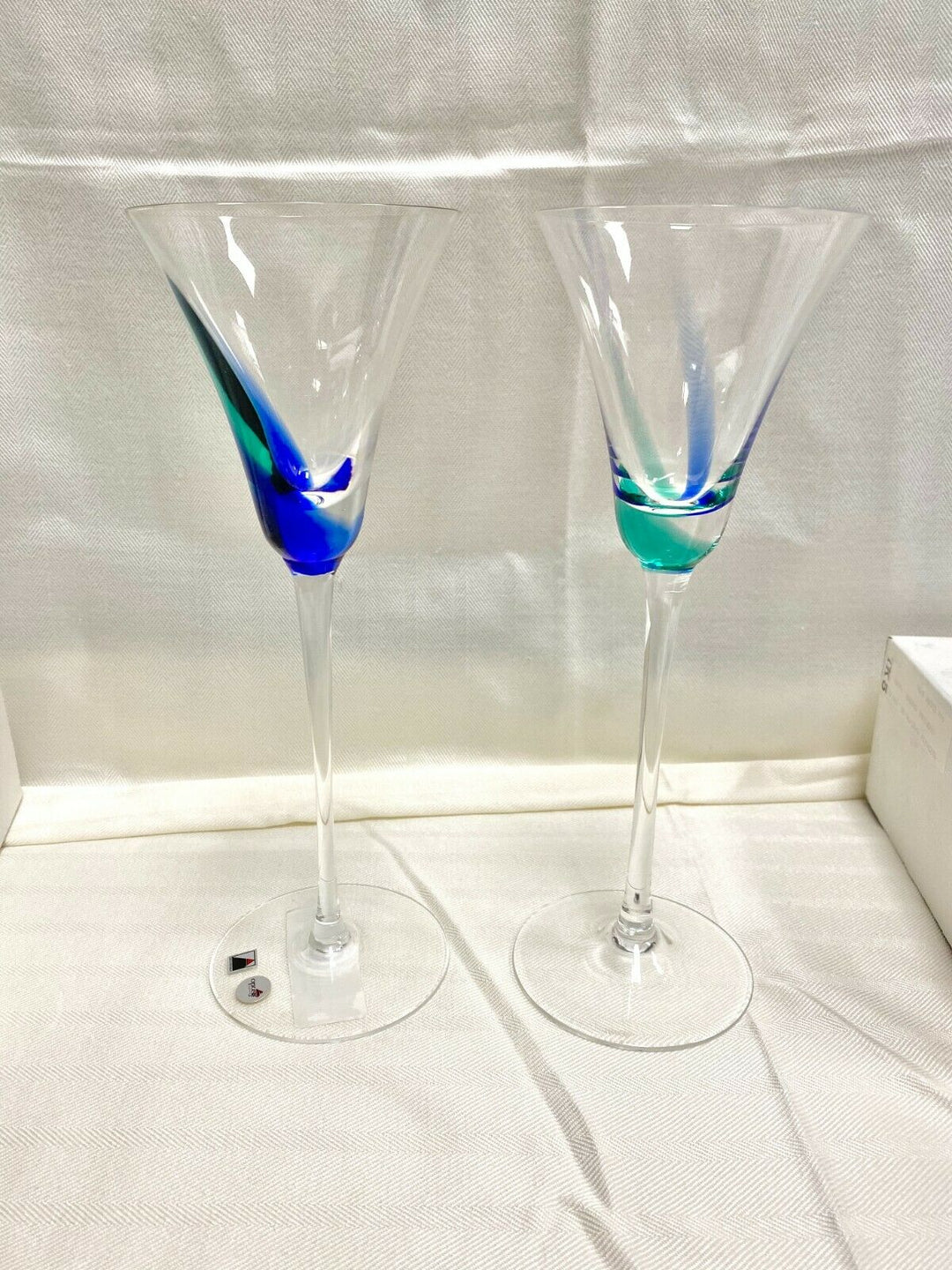 Set/2 Clear "Carnival" Splash Wine Spiral Cord Blue/Green Signed Opus