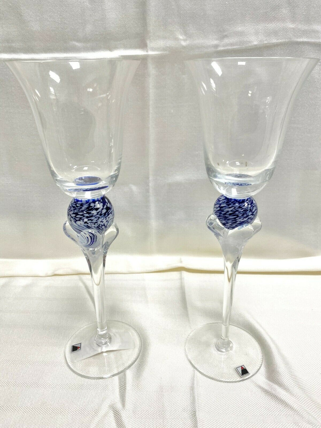 Set/2 Signed Opus Clear w/ White and Blue "Tropique" Water Goblet