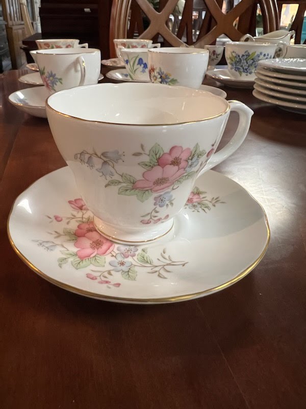Tea cup and saucer, pink and purple flower