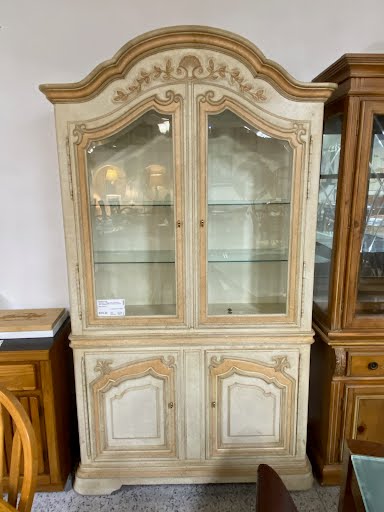 Provincial , Beige china cabinet w/ glass shelving