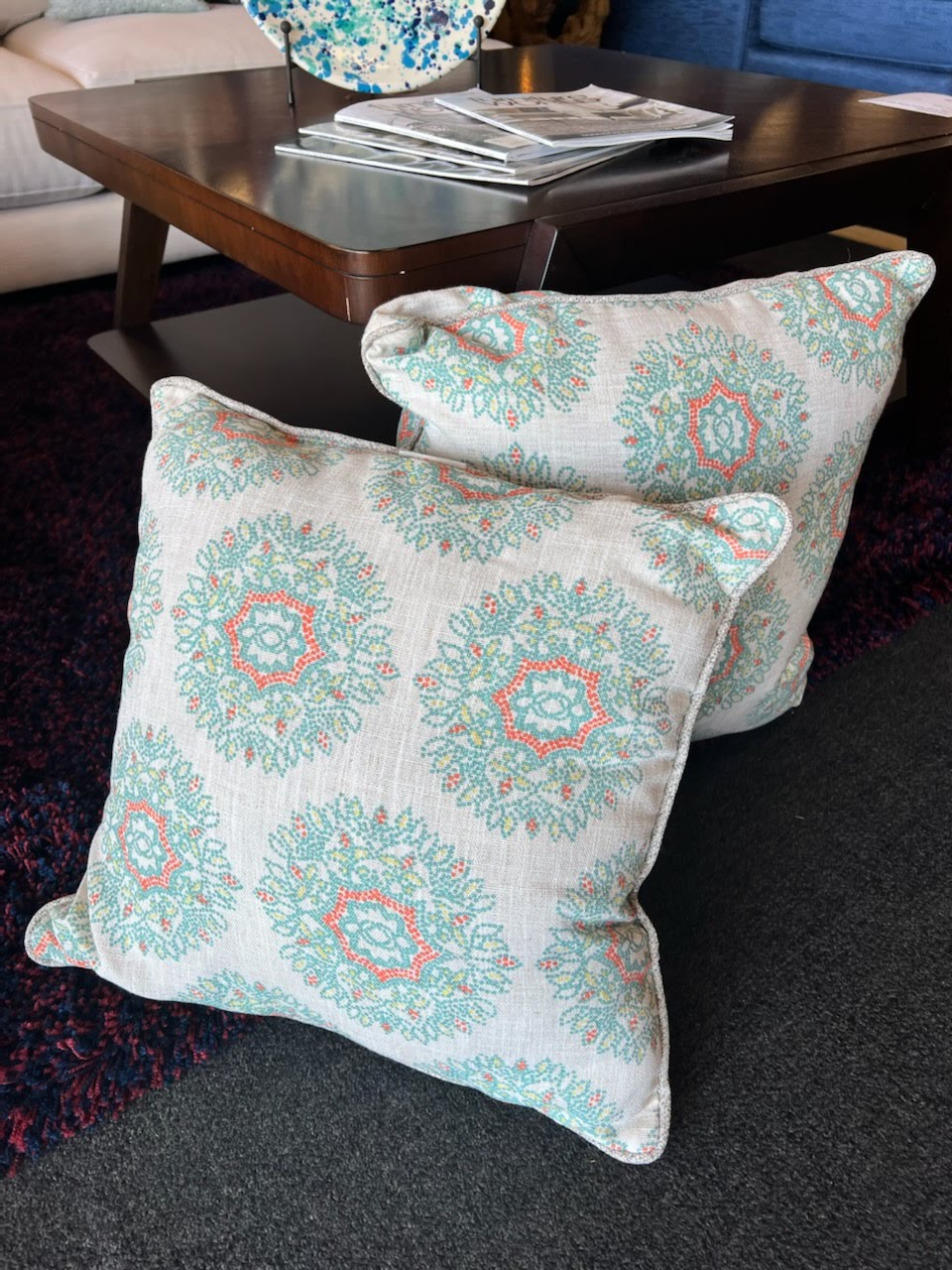 SET/2 Ivory Pillows with Aqua & Coral Mandala Design