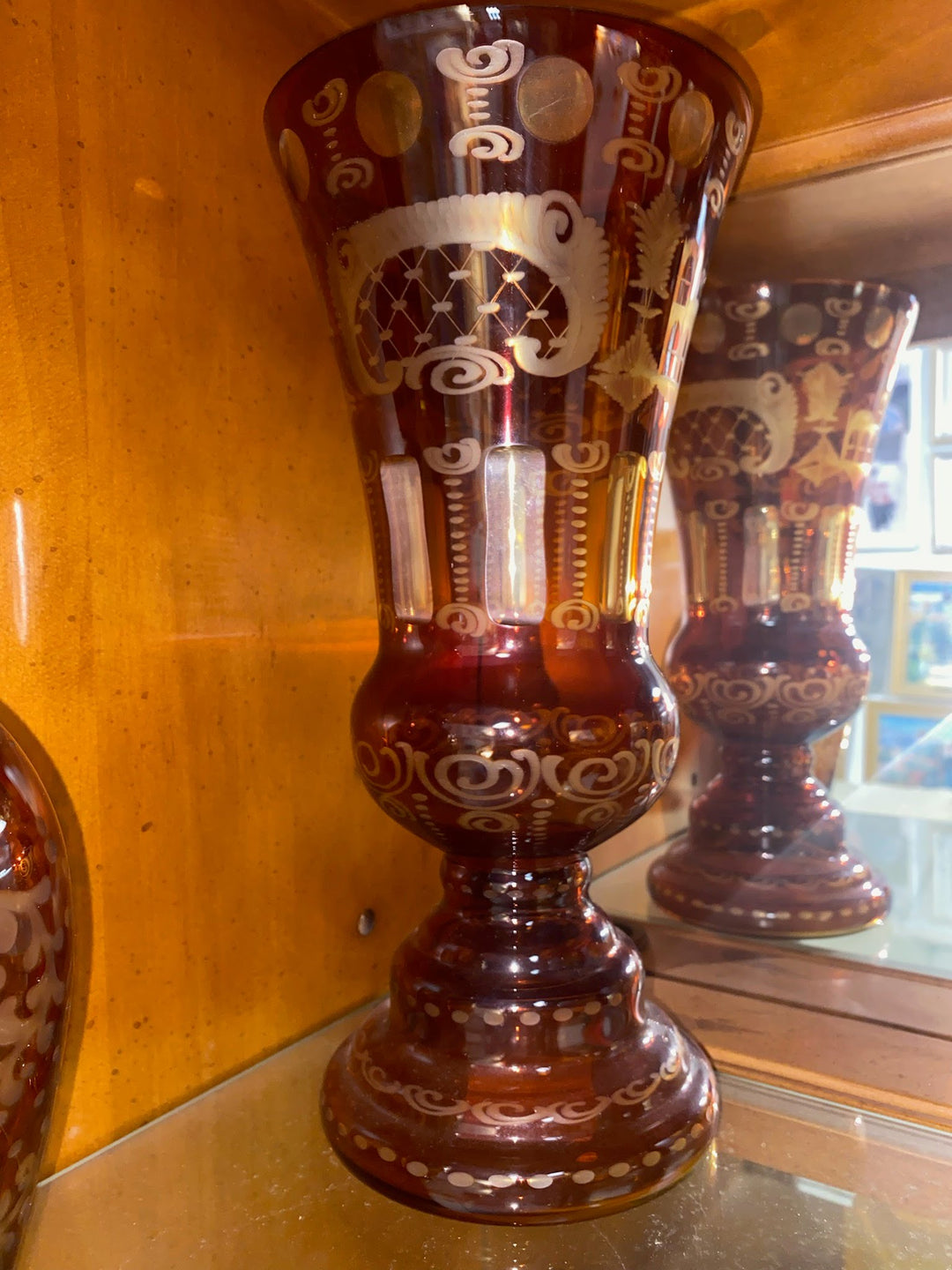 Egermann Czech Republic Etched  Amber glass  10" vase