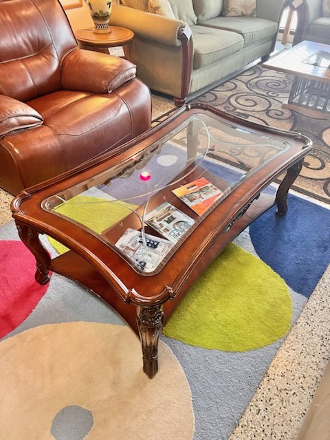 Fairmont Dark Wood Carved Coffee Table with Glass Top