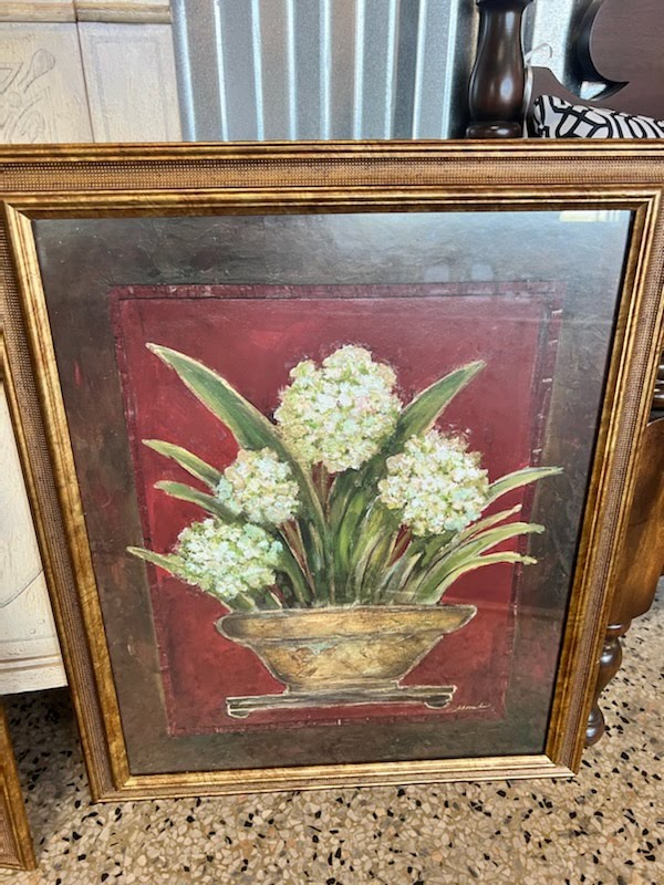 Burgundy painting with vase and white flowers
