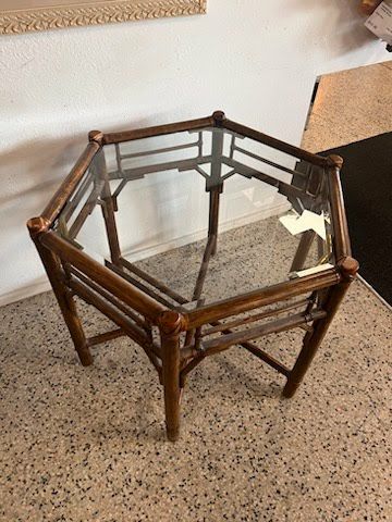 Glass top hexagon end table w/ wood base