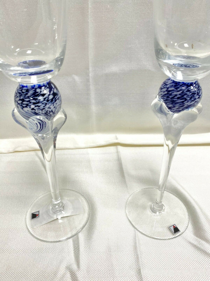 Set/2 Signed Opus Clear w/ White and Blue "Tropique" Water Goblet