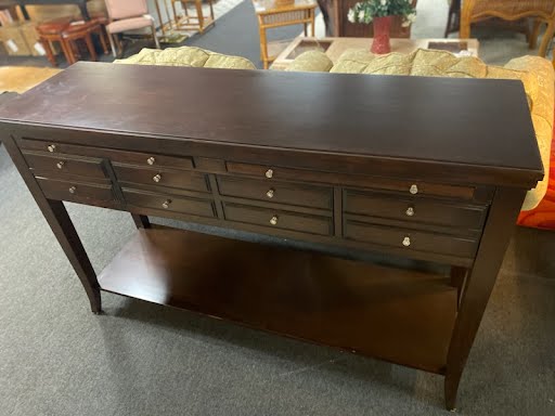 Dark wood sofa table, 3 drawer w/ pull out stone in lay trays - Broyhill